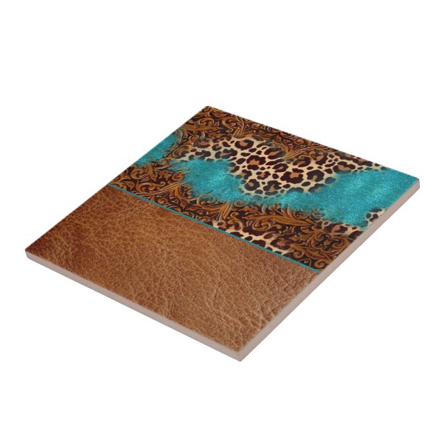 Western Turquoise Glitter Flourish Leather Leopard Ceramic Tile (Side)