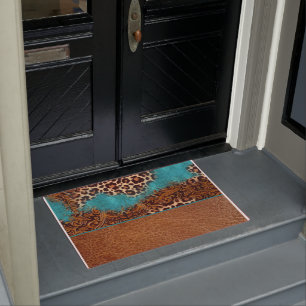 Western Turquoise Glitter Flourish Leather Leopard Doormat