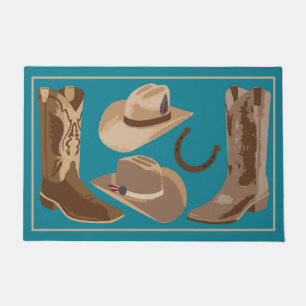 Western Turquoise Teal Blue Brown Cowboy Boots Hat Doormat