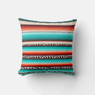 Western Turquoise Terracotta Stripes Cow Print Cushion