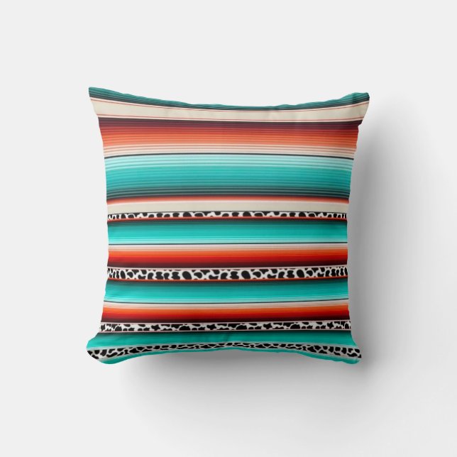 Western Turquoise Terracotta Stripes Cow Print Cushion (Front)