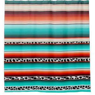 Western Turquoise Terracotta Stripes Cow Print Shower Curtain