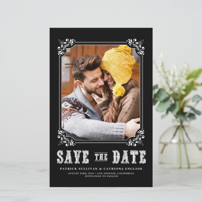 Western Typography Photo Frame Black Save the Date (Standing Front)