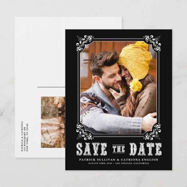 Western Typography Photo Frame Black Save the Date Announcement Postcard (Front/Back)