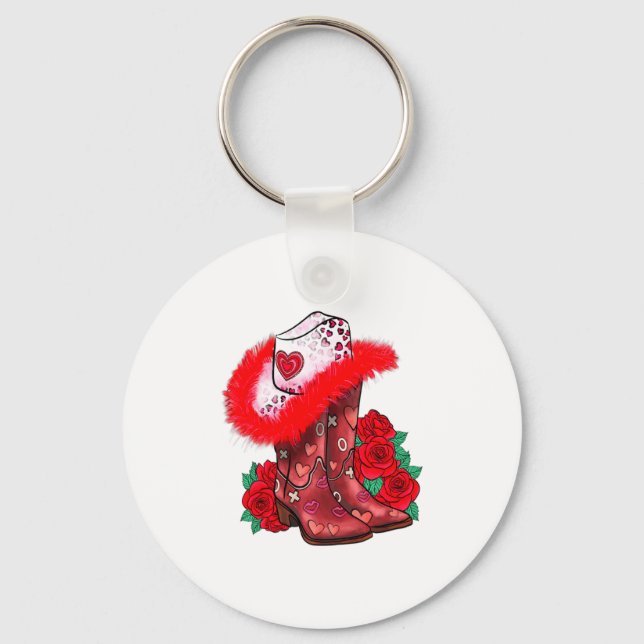 Western Valentines Day Cowgirl Boots Yeehaw Howdy  Key Ring (Front)