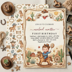 Western Vintage Cowboy First Birthday Party Boys Invitation