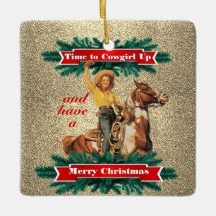 Western Vintage Cowgirl Up Merry Christmas 2 Ceramic Ornament