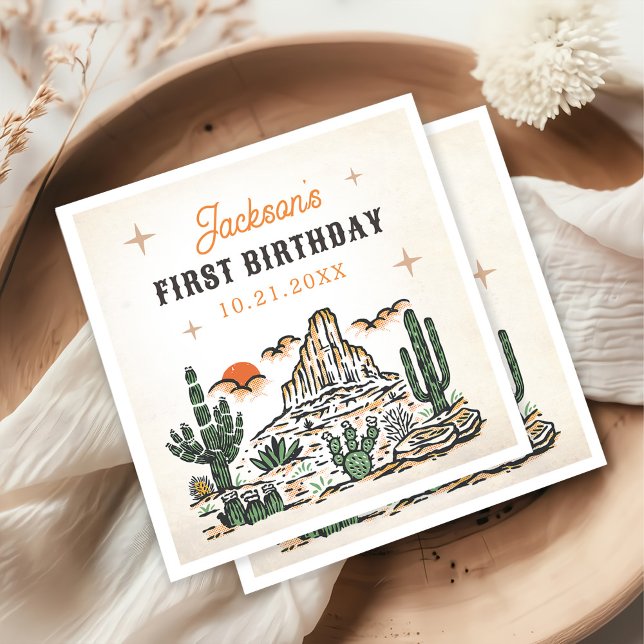 Western Vintage Desert First Rodeo 1st Birthday Napkin (Creator Uploaded)