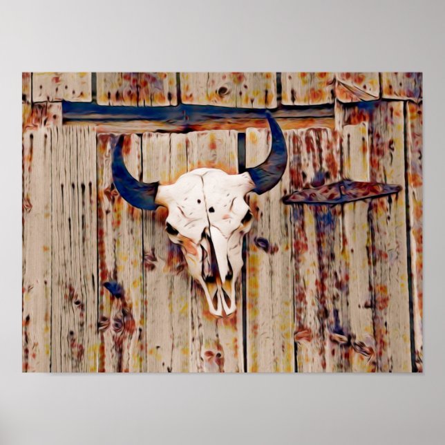 Western Vintage Rustic Bull Skull Brown Barn Poster (Front)