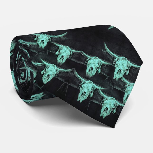 Western Vintage Teal Black Rustic Bull Skull Tie (Rolled)