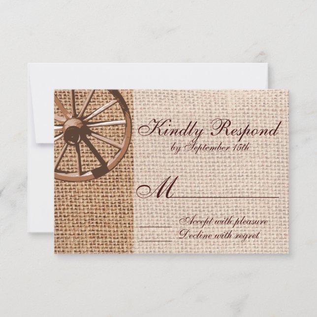 Western Wagon Wheel Burlap Wedding RSVP Card (Front)