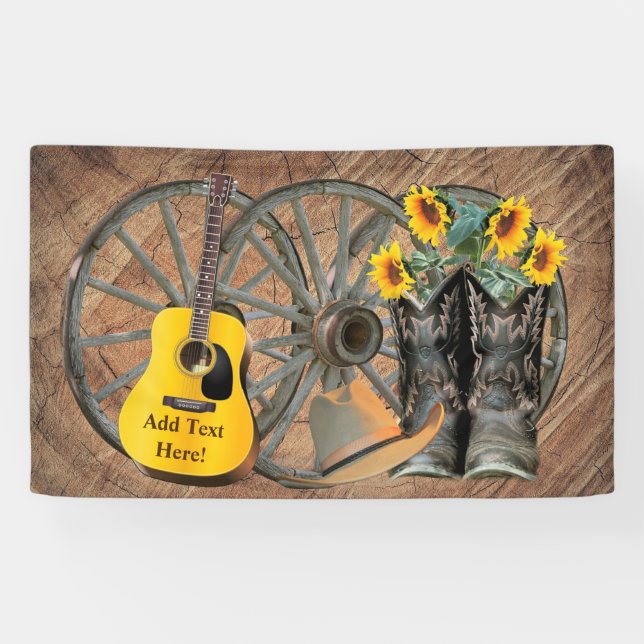 Western Wagon Wheel Guitar Cowboy boots Sunflower  Banner (Horizontal)
