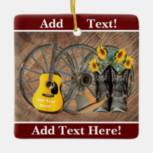 Western Wagon Wheel Guitar Cowboy boots Sunflower  Ceramic Ornament