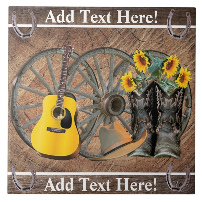 Western Wagon Wheel Guitar Cowboy boots Sunflower  Ceramic Tile (Front)