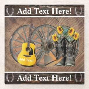 Western Wagon Wheel Guitar Cowboy boots Sunflower  Glass Coaster