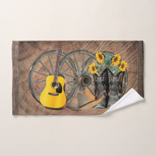 Western Wagon Wheel Guitar Cowboy boots Sunflower Hand Towel
