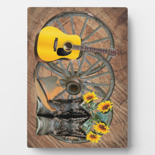 Western Wagon Wheel Guitar Cowboy boots Sunflower Plaque