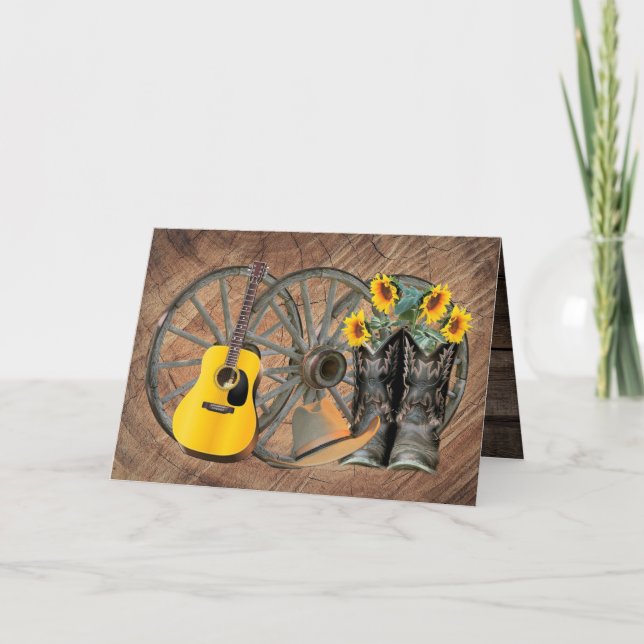 Western Wagon Wheel Guitar Cowboy boots Sunflower  Thank You Card (Front)