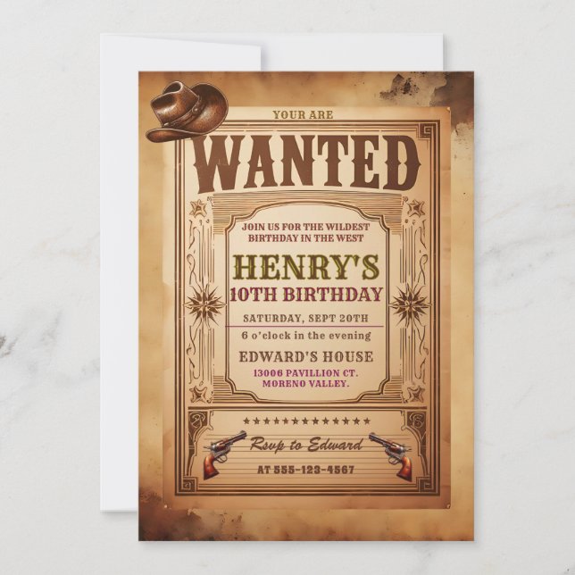 Western Wanted Cowboy Birthday Invitation (Front)
