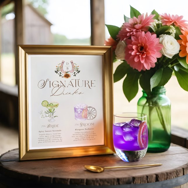 Western Watercolor Bride & Groom Signature Drinks Poster (Western Watercolor Bride & Groom Signature Drinks Poster)