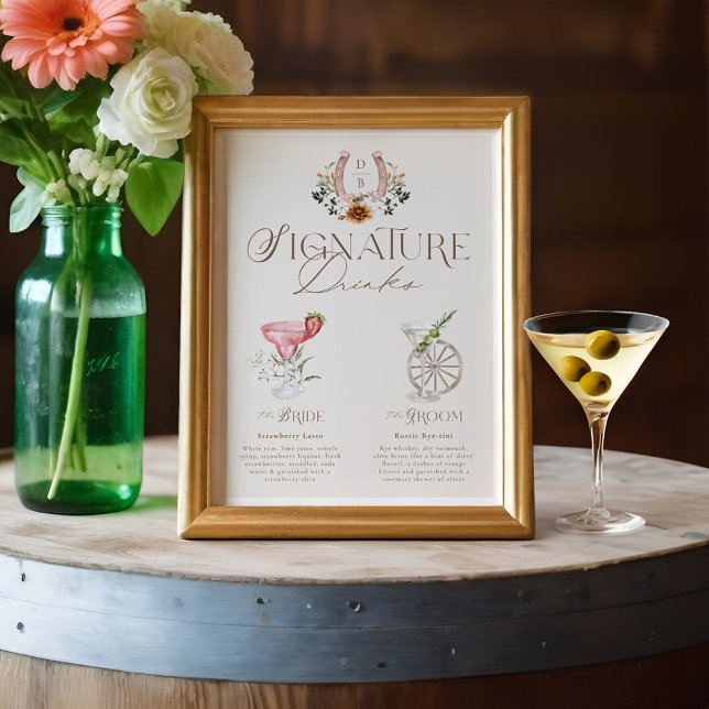 Western Watercolor Bride & Groom Signature Drinks Poster (Western Watercolor Bride & Groom Signature Drinks Poster)