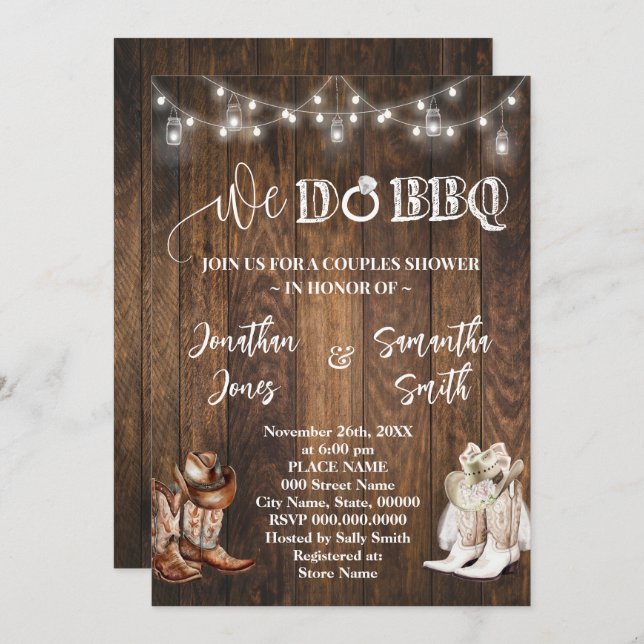Western We Do BBQ Couples Shower Country Boots Invitation (Front/Back)