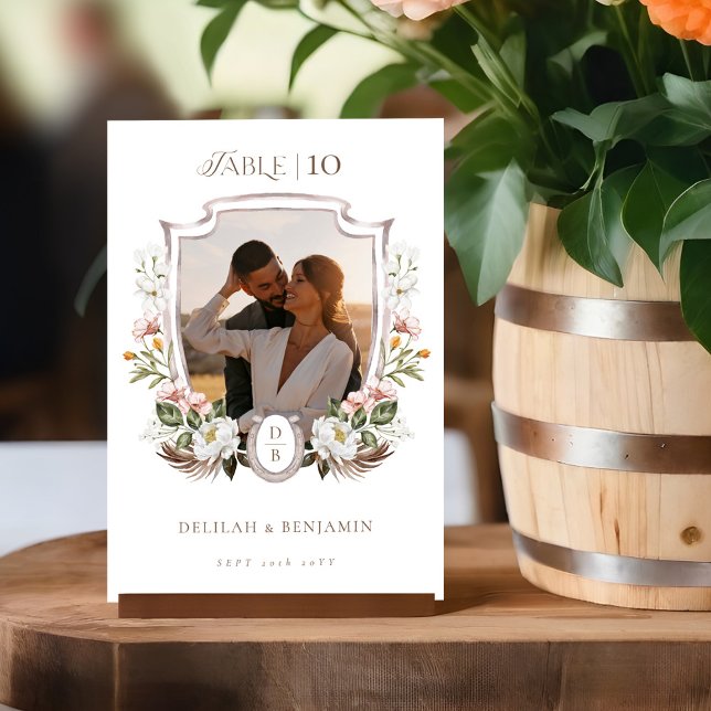 Western Wedding Boho Floral Photo Crest Horseshoe Table Number (Western Wedding Boho Floral Photo Crest Horseshoe Table Number)