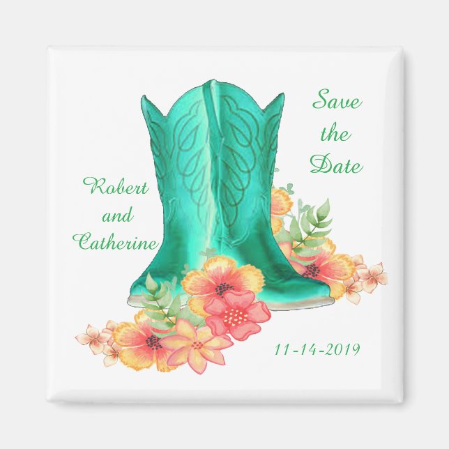 Western Wedding Cowboy Boots And Flowers Save Date Magnet (Front)