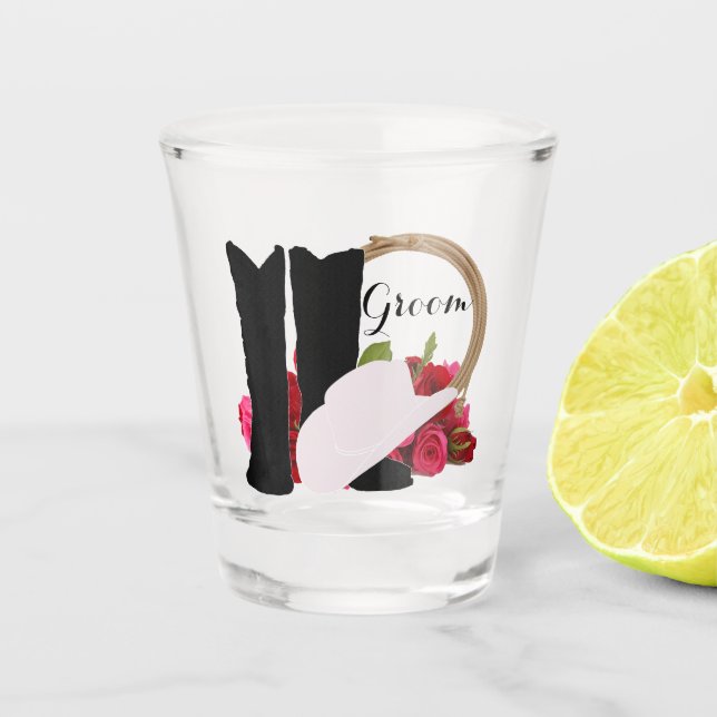 Western Wedding Cowboy Boots Hat Roses Groom Shot Glass (Front)