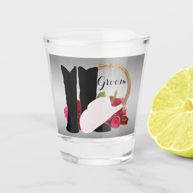 Western Wedding Cowboy Boots Hat Roses Rope Groom Shot Glass (Front)
