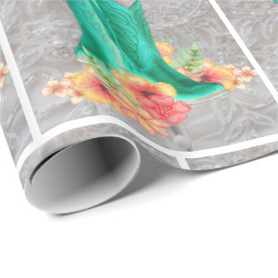Western Wedding Cowboy Boots On Lace Background Wrapping Paper
