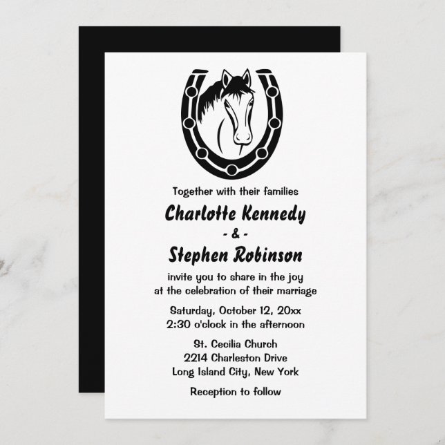 Western Wedding Horse Country Horseshoe Black Invitation (Front/Back)