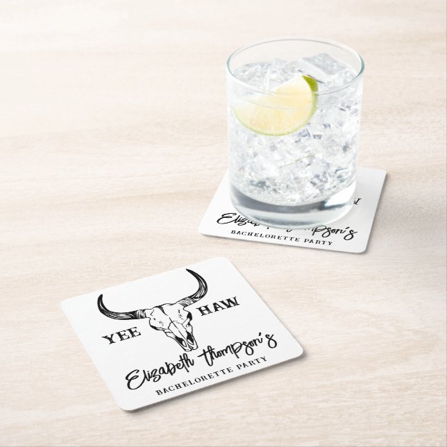 Western Wedding Personalised Bachelorette Party Square Paper Coaster (Insitu)