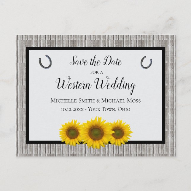 Western Wedding Sunflower Horseshoe Save the Date Announcement Postcard (Front)