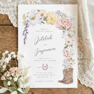 Western Wedding Watercolor Floral Cowboy Boots Invitation