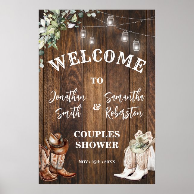 Western Welcome Boots Hat Country Couples Shower Poster (Front)