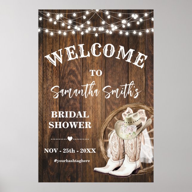 Western Welcome Cowgirl Boots Hat Bridal Shower Poster (Front)