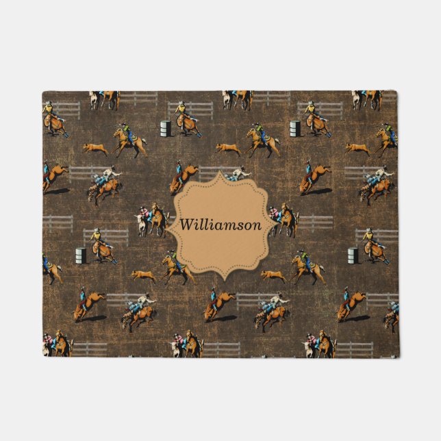 Western Welcome Rodeo Events On Brown Personalise Doormat (Front)