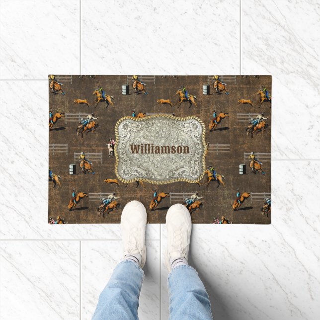 Western Welcome Rodeo Events On Brown Personalise Doormat (Indoor)