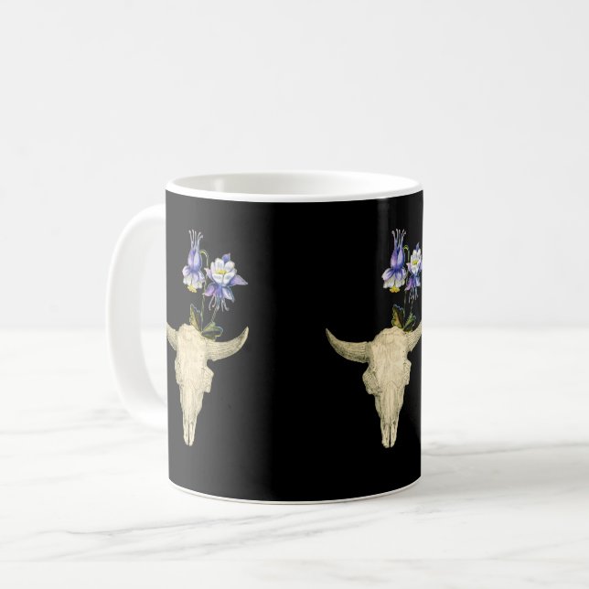 Western West Bull Cow Skull PURPLE COLUMBINE Coff Coffee Mug (Front Left)