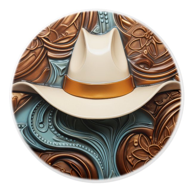 Western White Ranch Cowboy Hat Ceramic Knob (Front)