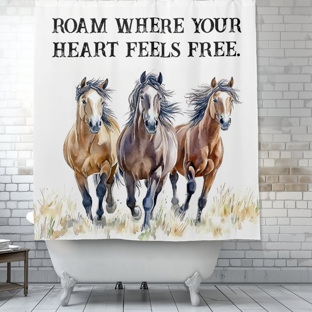 Western Wild & Free Mustang Horses Shower Curtain (Roam where your heart feels free.  Wild western mustang horse trio shower curtain.)