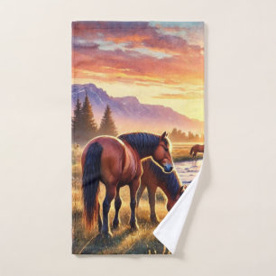Western Wild Horses at Sunset Hand Towel