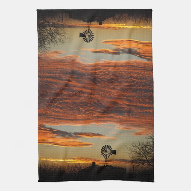 Western Windmill Sunset Tea Towel (Vertical)