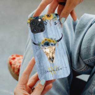 Western Wood Cow Skull Cowboy Blue Sunflower  iPhone 13 Pro Max Case
