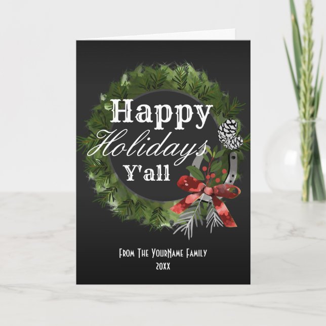 Western Wreath Personalized Family Name Holiday Card (Front)