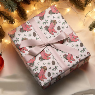 Western Xmas Cowboy Boots, Pinecones & Berries Wrapping Paper