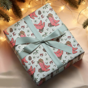 Western Xmas Cowboy Boots, Pinecones & Berries Wrapping Paper