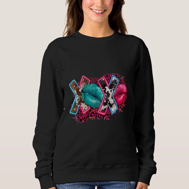 Western Xoxo Lip Cowhide Leopard Valentine's Day Sweatshirt (Front)