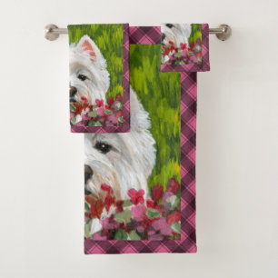 Westie and Pink Flowers Bath Towel Set